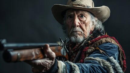 Fototapeta premium Studio shot of a mature hunter aiming with a rifle isolated on black background