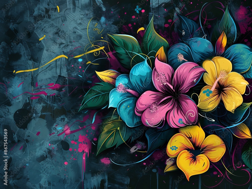 Canvas Prints A vivid display of colorful flowers on a dark grunge-style background creating an abstract contrast that makes for a visually stunning wallpaper and potential best-seller