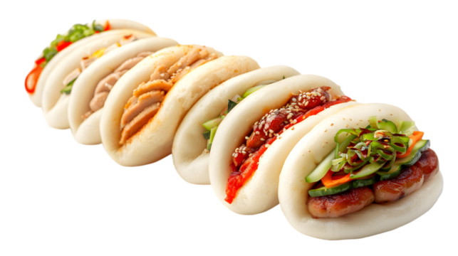  A collection of pork, chicken, and veggie bao buns arranged in an appealing manner on a transparent background 