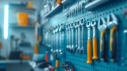 Close-up of a well-organized workshop wall with various quality hand tools hanging neatly, showcasing a professional and efficient workspace.