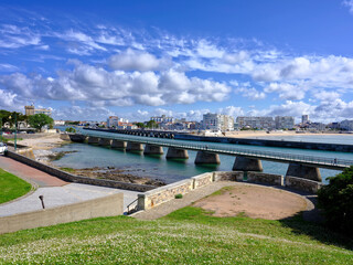 Footbridge and town of Les Sables d'Olonne, commune in the Vendée department in the Pays de la Loire region in western France