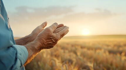 Close-up of hands praying over a golden wheat field at sunset, symbolizing faith, hope, and the blessings of agriculture and harvest.