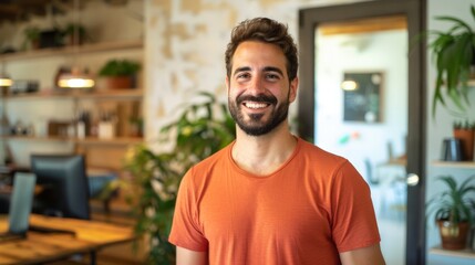 Obraz premium Smiling Man in Orange T-Shirt, Office Environment