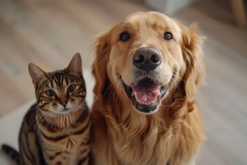 Golden Retriever and Tabby Cat Sharing a Smile