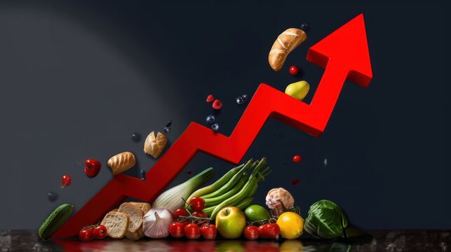 A red arrow pointing upwards with food items coming out symbolizing growth and success