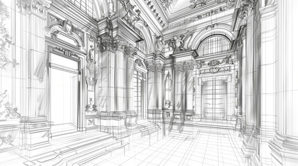Fototapeta premium Detailed architectural sketch of classical interior, black and white