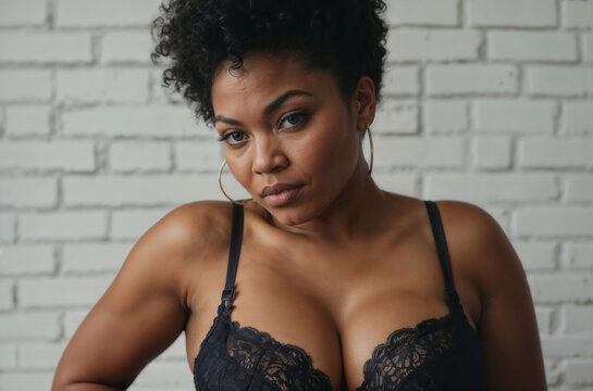 Portrait of beautiful African American woman with big breasts in a black lace bra posing for a photo against a white brick wall