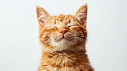 A ginger cat is sitting on a white background. The cat has its eyes closed and is smiling.