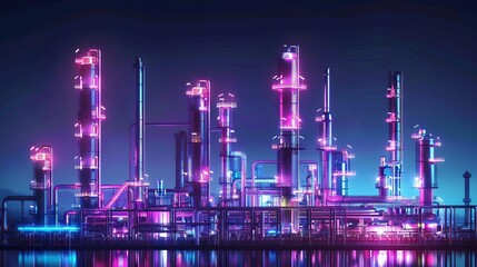 Abstract refinery structures with neon accents, abstract industrial background, concept of chemical processing
