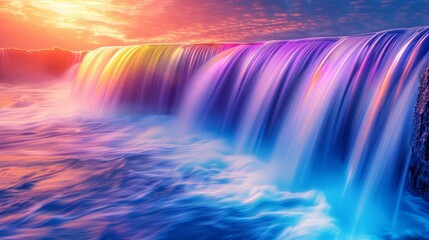 Cascading waterfalls with iridescent hues, abstract nature background, concept of fluid motion