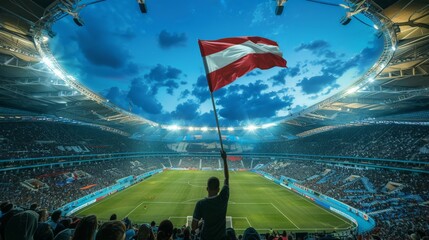 Soccer Fan Waving Red and White Flag in Stadium