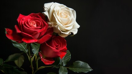 Obraz premium red and white rose on black background macro