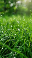 Spring morning dew on lush grass with natural sparkling droplets, various angles