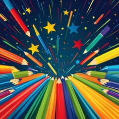 Fototapeta premium Colorful pencils and stars explosion against dark background, representing creativity, art, education, and imagination.
