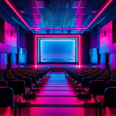 Fototapeta premium Empty modern theater with vibrant neon lighting, featuring rows seats and large screen, creating an inviting atmosphere.