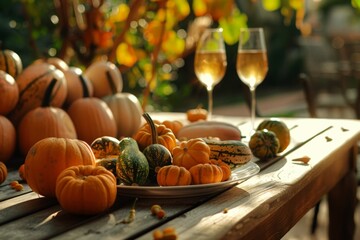 Autumn Harvest Table Setting with Pumpkins and Wine Glasses