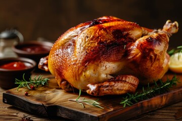 Roasted Chicken with Herbs on a Wooden Cutting Board
