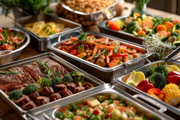 Gourmet Buffet: Fresh Salad, Roasted Meats, and Vegetables in Stainless Steel Containers