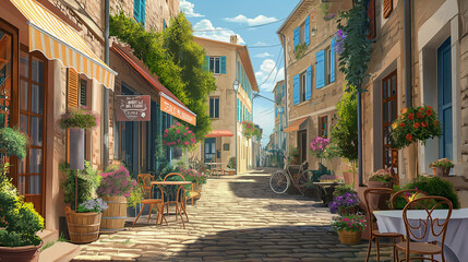 Fototapeta premium Charming cobblestone street in a European village, watercolor style