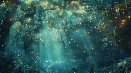 Fototapeta premium A dark, enchanting forest background with tall, ancient trees, glowing fireflies, and a misty atmosphere. 