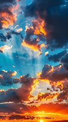 Fototapeta premium Sunrise with dramatic sky, blue and orange light piercing clouds, hopeful nature background