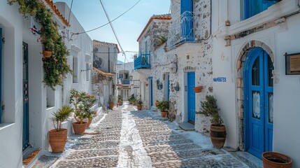 Fototapeta premium A Sunny Day in a Greek Village With Whitewashed Houses and Blue Doors. Generative AI