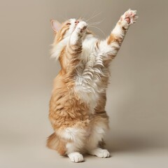Orange and White Cat with Raised Paws, Expressing Joy or Surprise