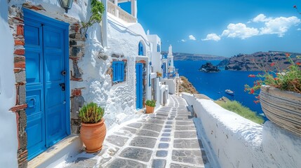 Obraz premium A Sunny Greek Street With a Breathtaking View of the Aegean Sea. Generative AI