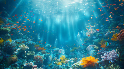 Obraz premium A deep ocean background with schools of fish, coral reefs, and sunlight filtering through the water.