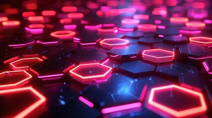 Fototapeta premium Irregularly pulsating neon hexagons, techno abstract background, concept of futuristic aesthetics