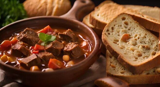 The beef goulash is delicious and served in a bowl with bread