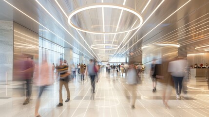 Busy Modern Office Lobby with Blurred Moving People and Circular Lighting