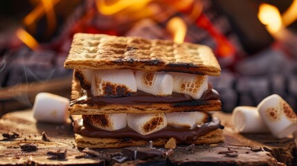 Close-up of delicious s'mores with roasted marshmallows and melted chocolate by campfire