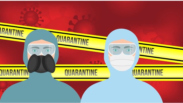 People in Protective Suits During Quarantine with Virus in Background.  Pandemics and health care concepts illustration
