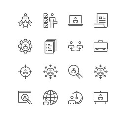 Set of head hunting related icons, job interview, career path, resume and linear variety vectors.	
