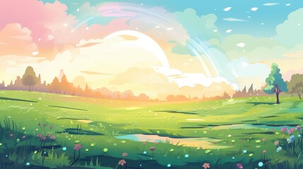 Obraz premium Serene landscape with lush green meadow, wildflowers, and a magical rainbow sunset. Ideal for nature, fantasy, and spring backgrounds.