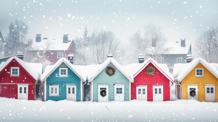 Fototapeta premium Colorful Cottage Row in Snowy Landscape
