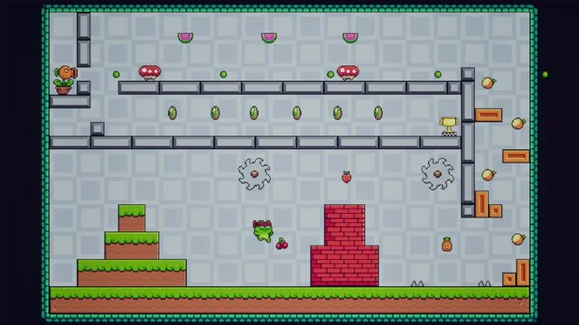 CGI footage of vintage 8-bit platformer video game, of green frog character jumping over obstacles, beating enemies, collecting fruit prizes, dodging bullets, reaching destination and passing level