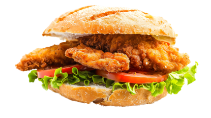  A crispy chicken schnitzel sandwich with lettuce, tomato, and mayonnaise, served on a rustic bun and isolated on a transparent background 
