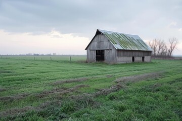 Obraz premium A large, old barn sits in a field of grass