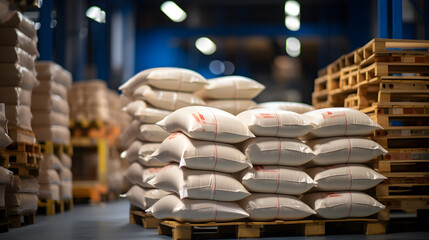 Animal feed bag food pallet system stacking in smart industry warehouse factory. Agricultural concept.