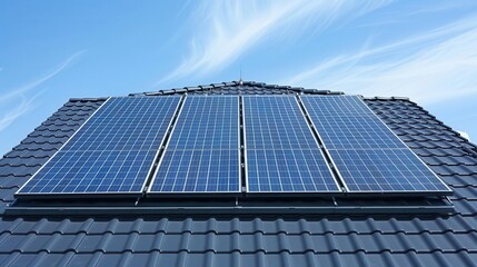 Solar panels installed on a black tiled roof against a bright blue sky