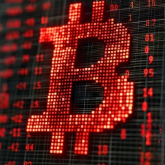 A glowing red Bitcoin symbol on a digital screen.  The symbol is composed of individual pixels, highlighting the digital nature of cryptocurrency.