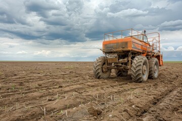 Obraz premium A large orange tractor is driving through a field of dirt