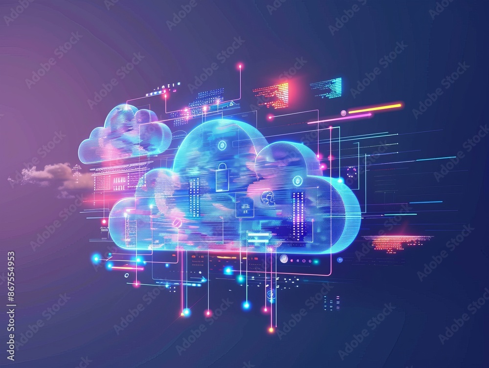 Canvas Prints This abstract scene is a best-seller style futuristic illustration of cloud computing, with a vibrant wallpaper-like background featuring digital elements