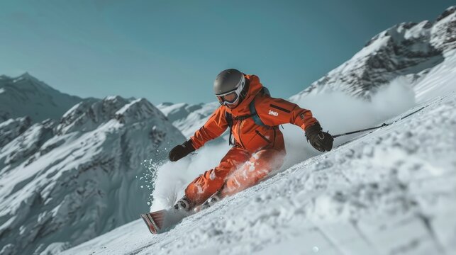 Professional Skier in Orange Snowsuit on Steep Mountain Slope