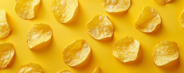 Close-up of potato chips on yellow background, minimalistic food concept