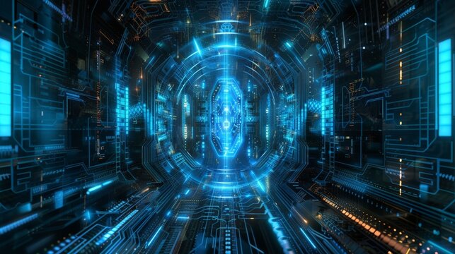 Cybernetic Tunnel: Futuristic Digital Corridor with Glowing Lines and Circular Patterns