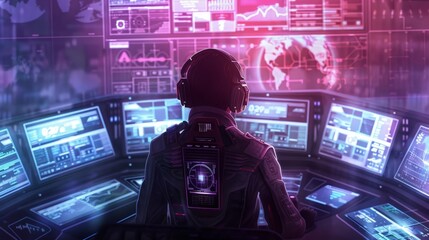 Futuristic Control Room Operator Monitoring Global Data