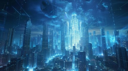 Fototapeta premium Futuristic Cityscape with Glowing Skyscrapers and Neon Lights at Night